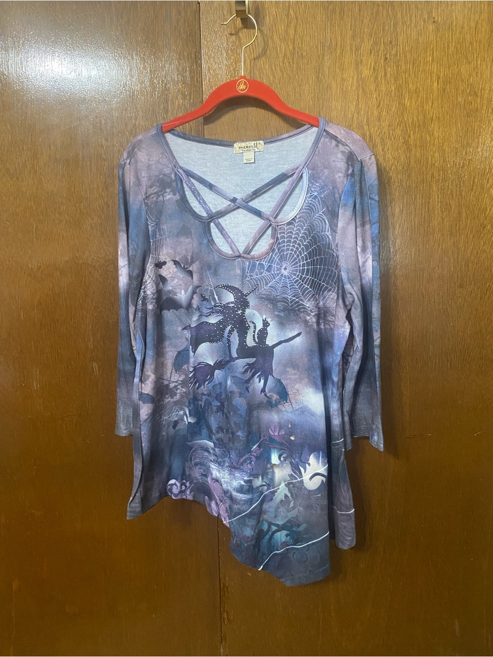 ONE WORLD Gray/Purple Witch/Cat on Broom Crisscross V-Neck Tunic XL